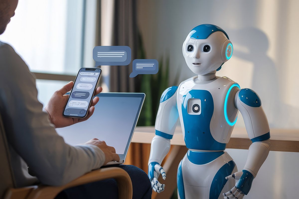 Man online chatting with chat bot on smartphone artificial intelligence social robot innovation